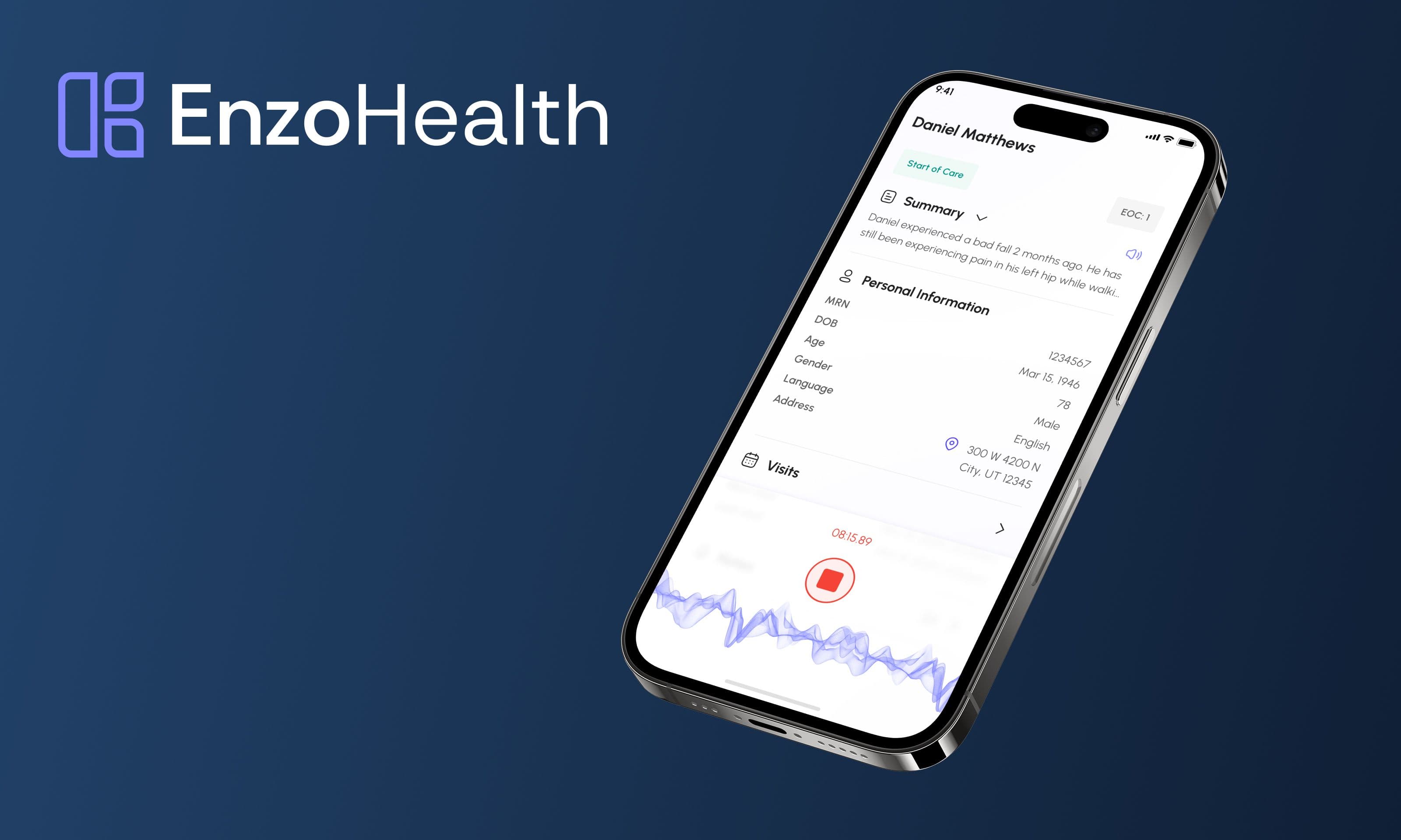 Enzo Health logo and mobile interface of Enzo Scribe showing a Start of Care visit summary, demonstrating AI-powered home health documentation and OASIS charting automation.